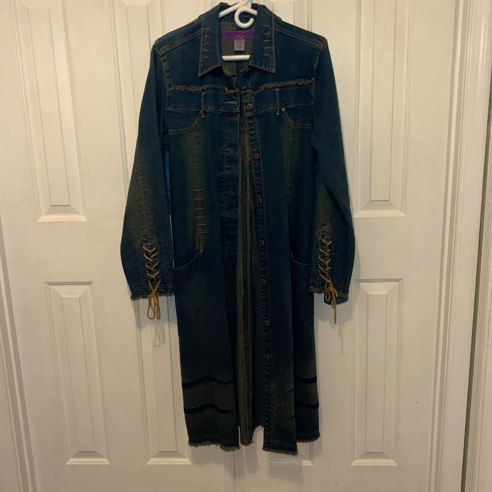 Women's Spring Fashion Ripped Holes Maxi Long Denim Jacket Trench Coat